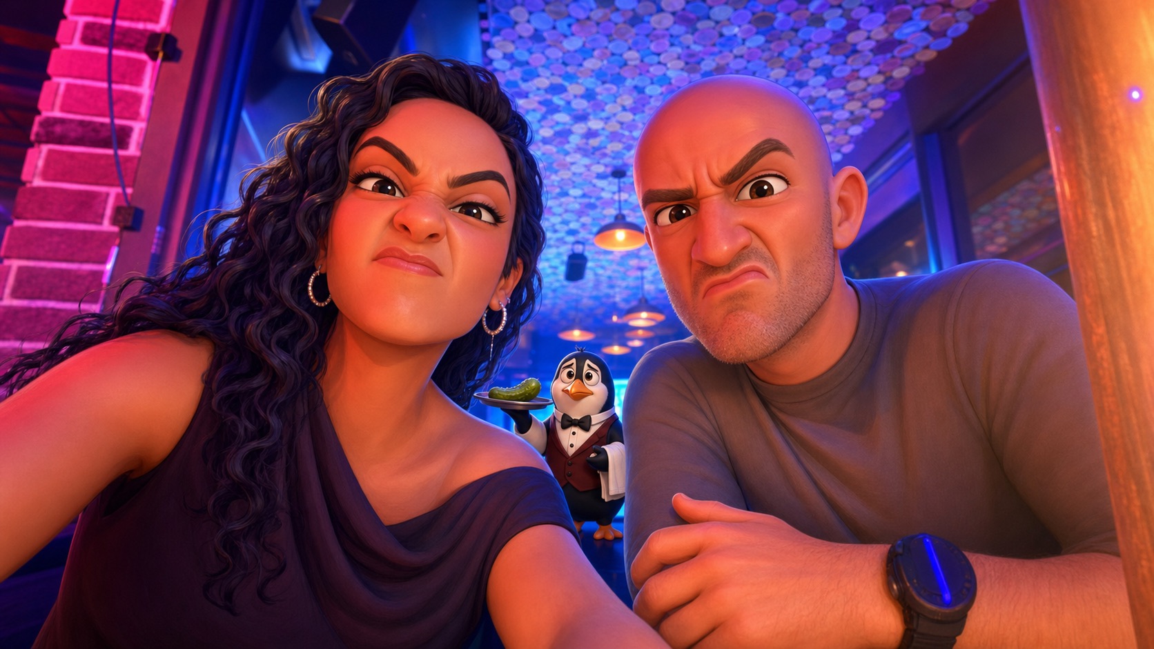 Cartoon selfie of Karen and Matt pulling grumpy faces in a neon-lit bar, while a penguin waiter in a bow tie presents a pickle on a silver tray